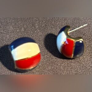 Vintage Small Red White Blue Enamel Goldtone Half Hoop Pierced Earrings
